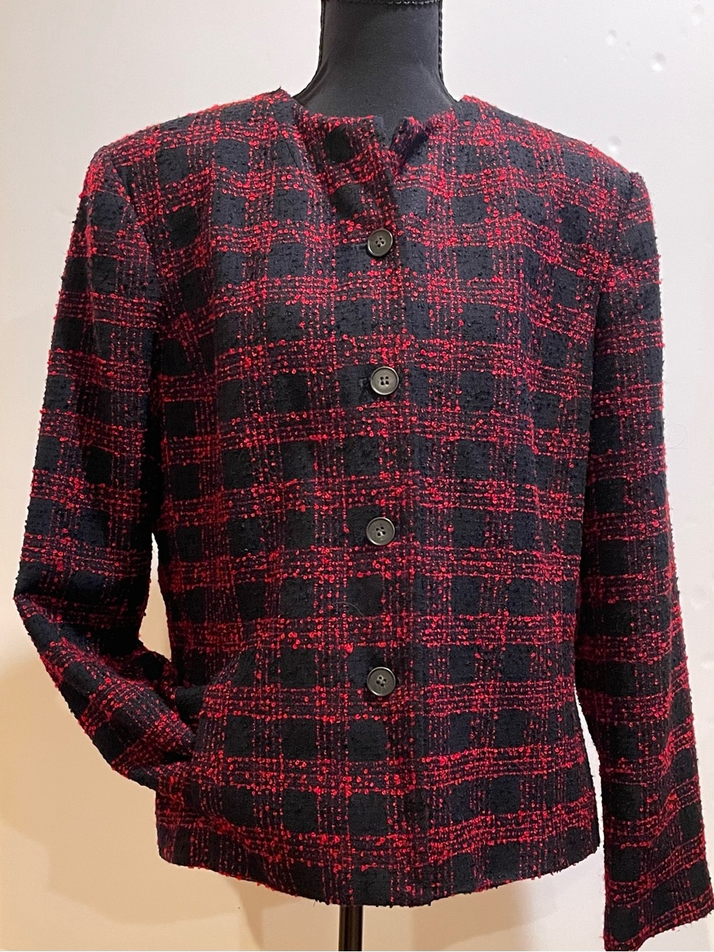 Vintage 80's Red & Black Tartan Boucle Jacket First Edition/Liz Claiborne Sz 14